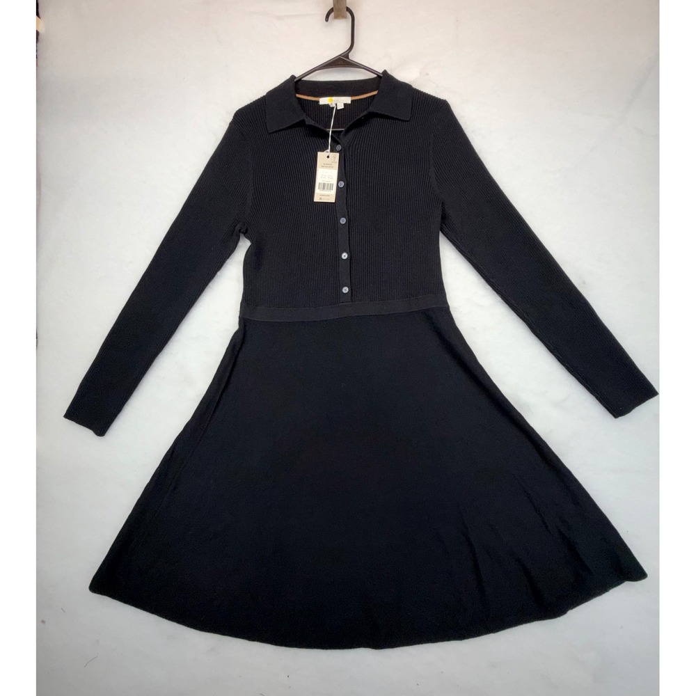 Boden Black Ribbed Knit Polo A-Line Dress Long Sleeve US 10L, cotton/wool, NWT